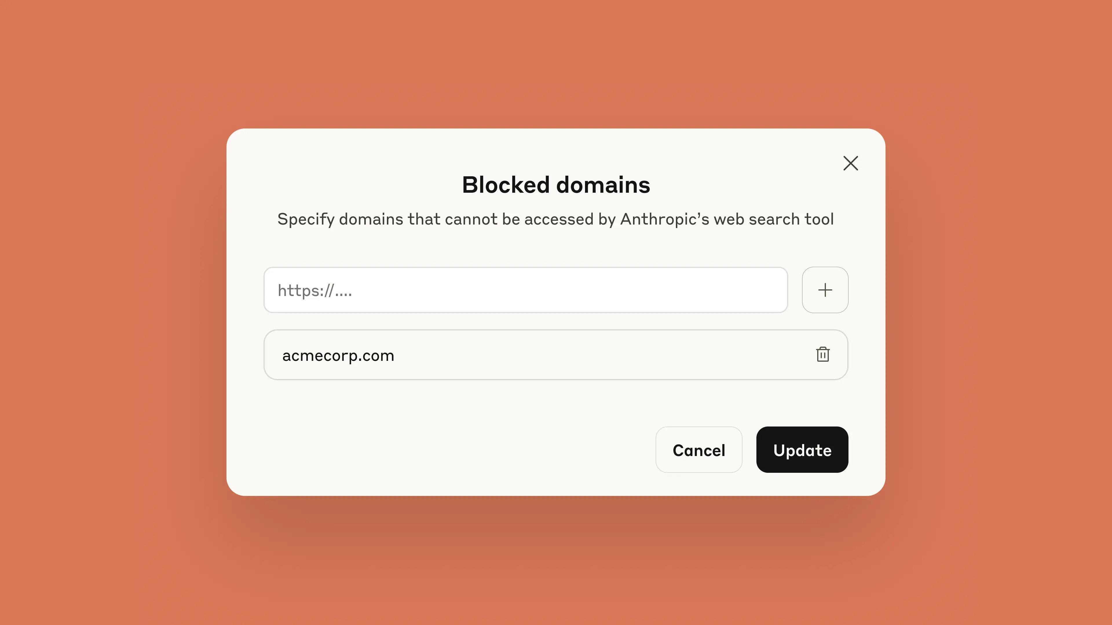 A screenshot of the UX showing blocked domains.